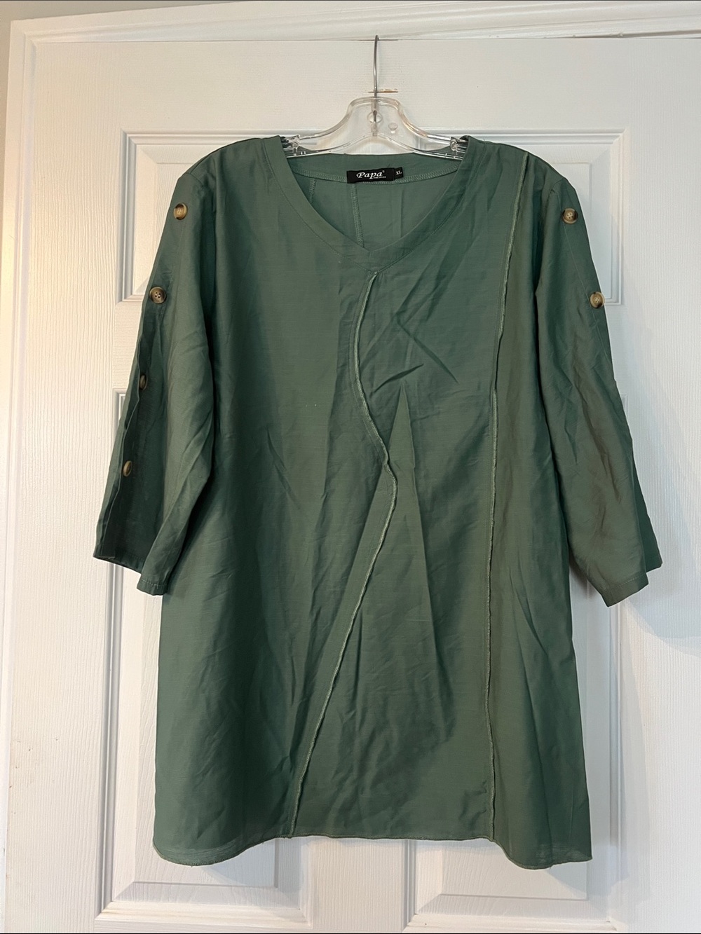 Papa Vancouver Deep Olive V-Neck Button-Sleeve Midi Dress